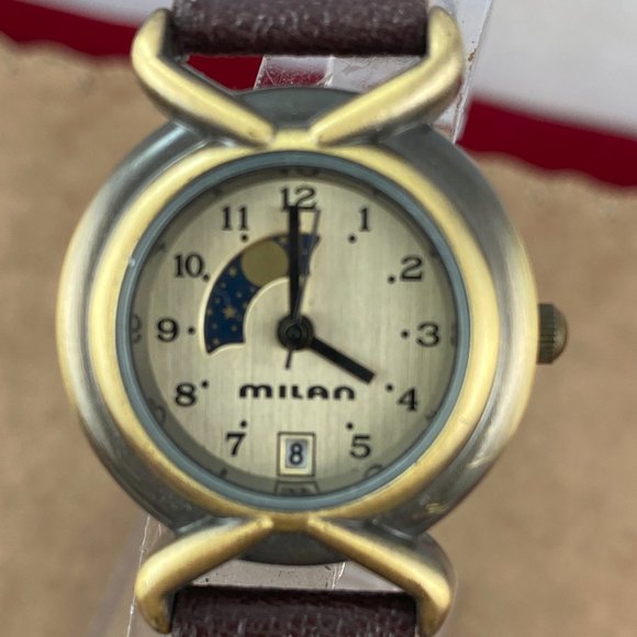 Vintage Milan Moon Phase Quartz Watch Antique Gold Finish Brown Braided Strap - Picture 2 of 8